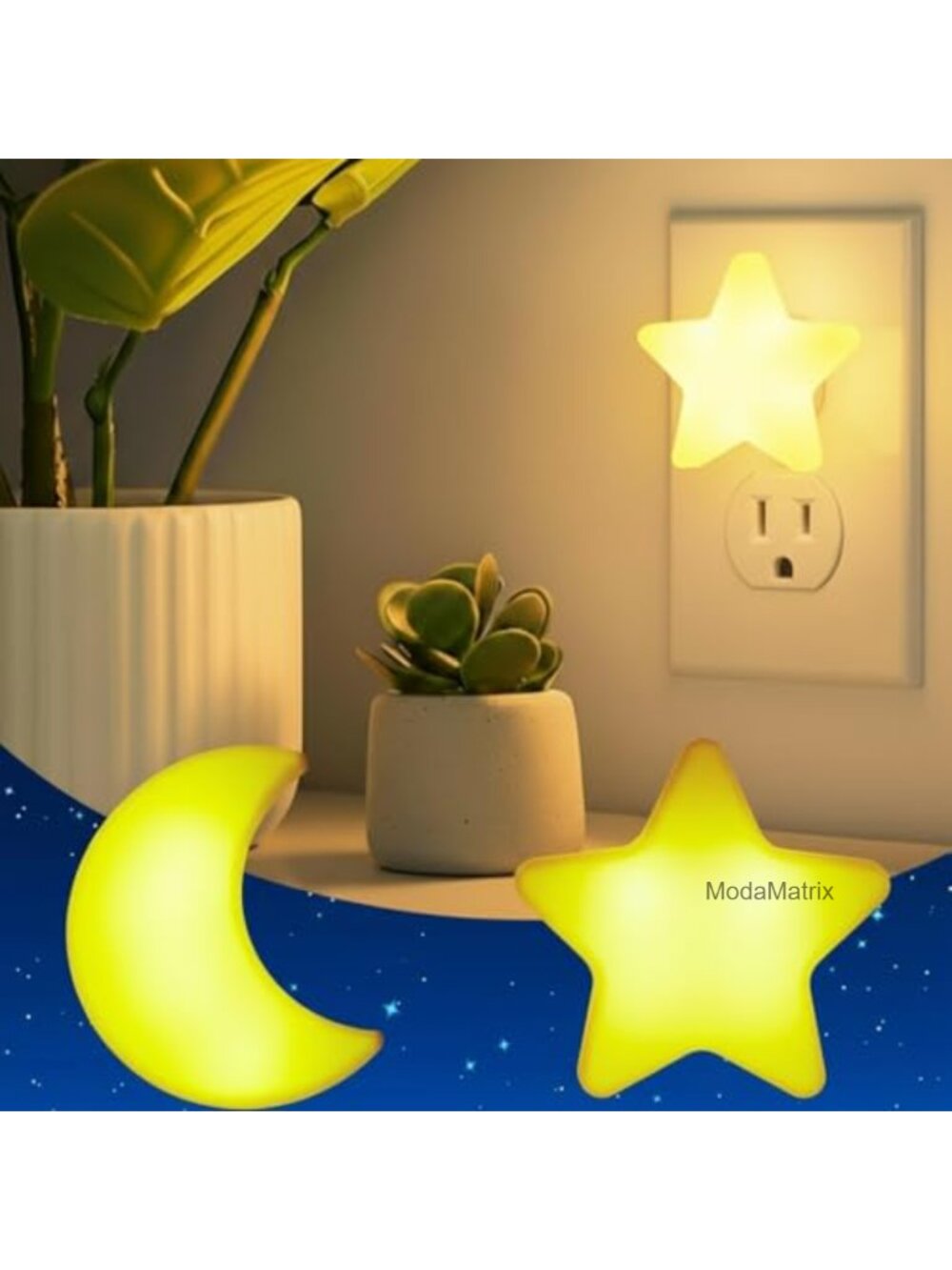 LED Moon & Star Plug-In Night Light, Auto Sensor, Warm Glow